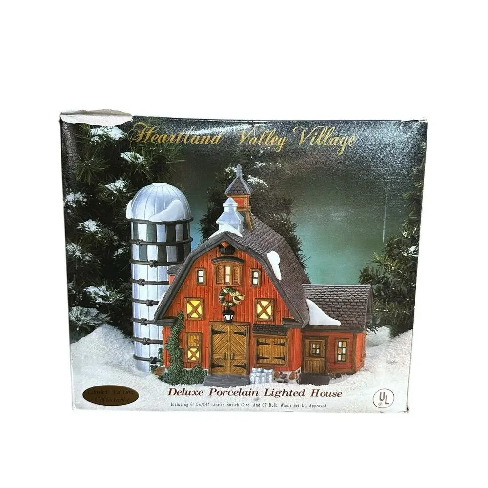 Vtg O'Well Heartland Valley Village Red Barn w/ Silo Lighted Porcelain House 90s